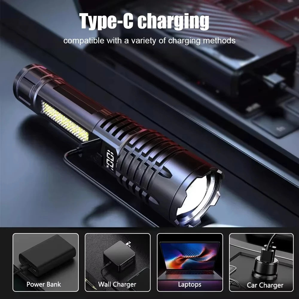 100000LM Super Bright Flashlight Rechargeable LED Torch Long Range Tactical Lamp for Outdoor Waterproof Camping Fishing Lantern