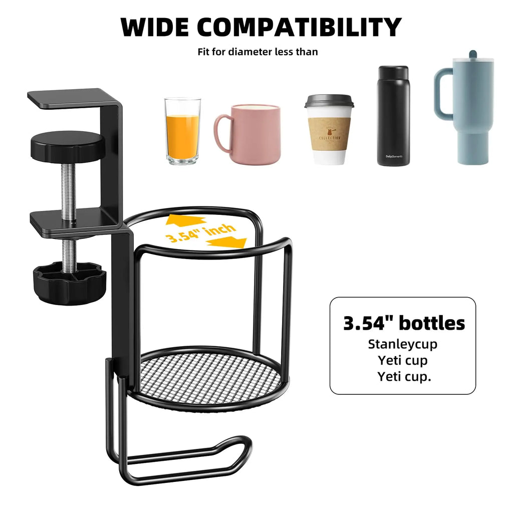 2 in 1 No Drill Desk Cup Holder Adjustable Upgraded Arm Clamp Stand 360 Degree Rotating Table Edge Clamp Anti-Fall Cup Holder