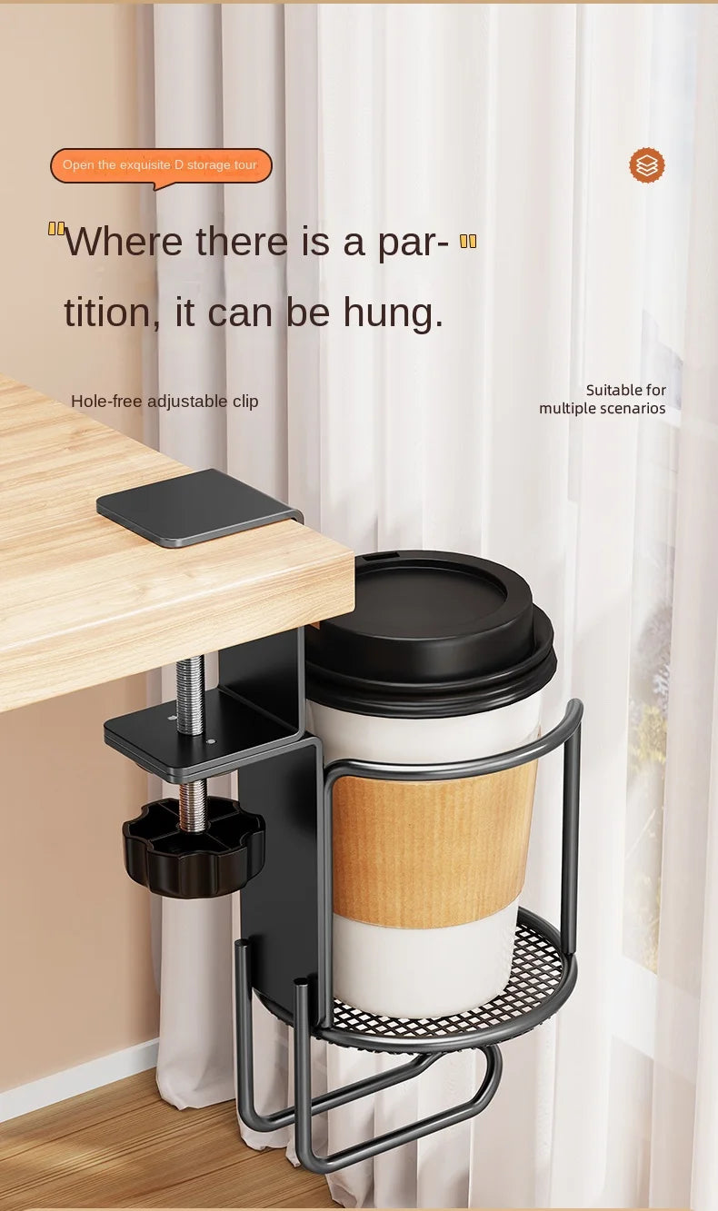 2 in 1 No Drill Desk Cup Holder Adjustable Upgraded Arm Clamp Stand 360 Degree Rotating Table Edge Clamp Anti-Fall Cup Holder