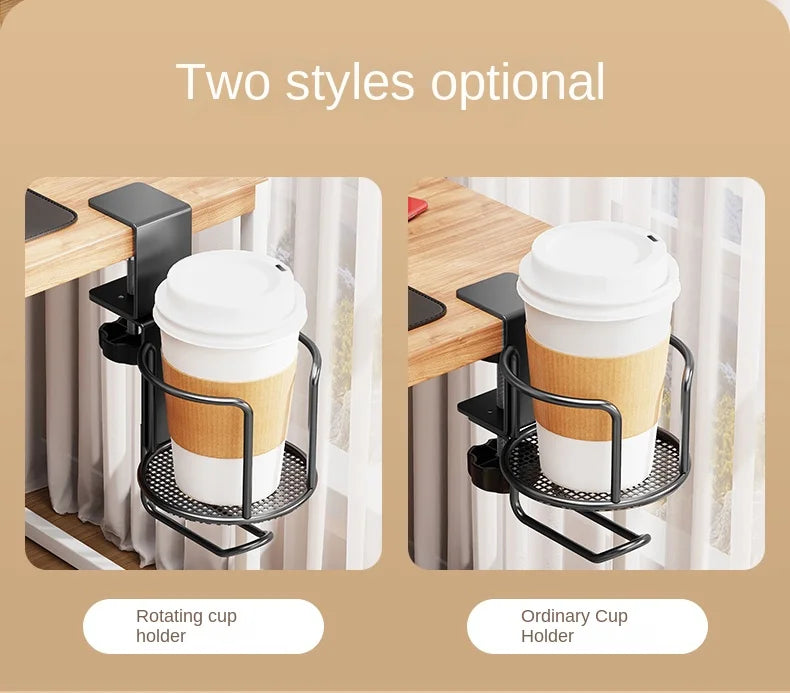 2 in 1 No Drill Desk Cup Holder Adjustable Upgraded Arm Clamp Stand 360 Degree Rotating Table Edge Clamp Anti-Fall Cup Holder