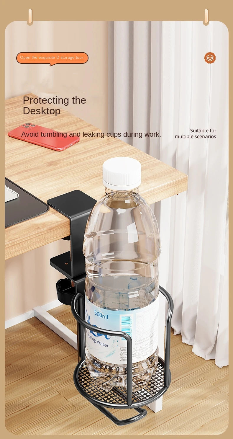 2 in 1 No Drill Desk Cup Holder Adjustable Upgraded Arm Clamp Stand 360 Degree Rotating Table Edge Clamp Anti-Fall Cup Holder