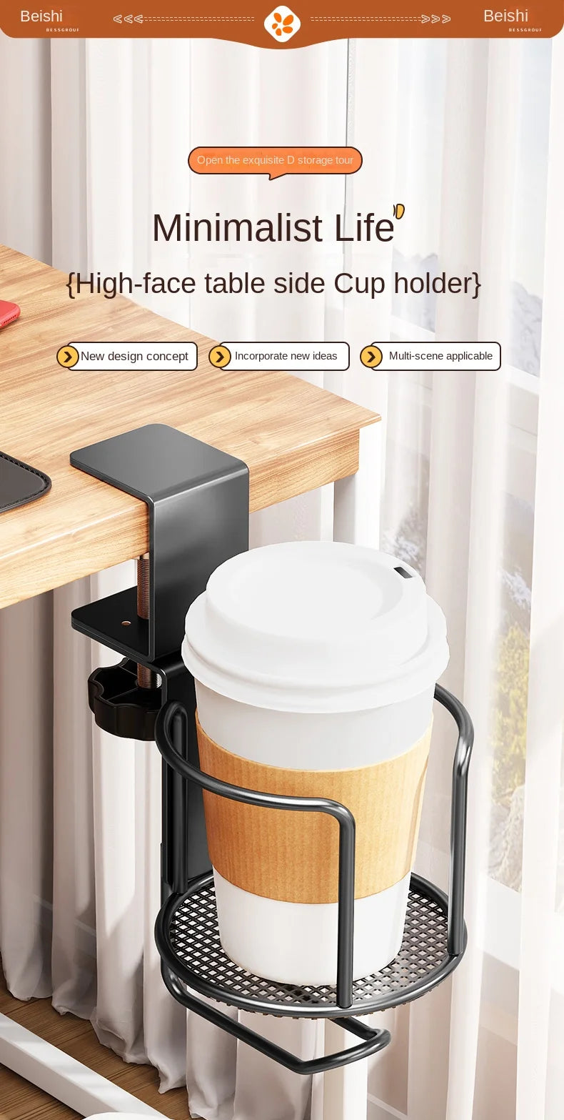 2 in 1 No Drill Desk Cup Holder Adjustable Upgraded Arm Clamp Stand 360 Degree Rotating Table Edge Clamp Anti-Fall Cup Holder
