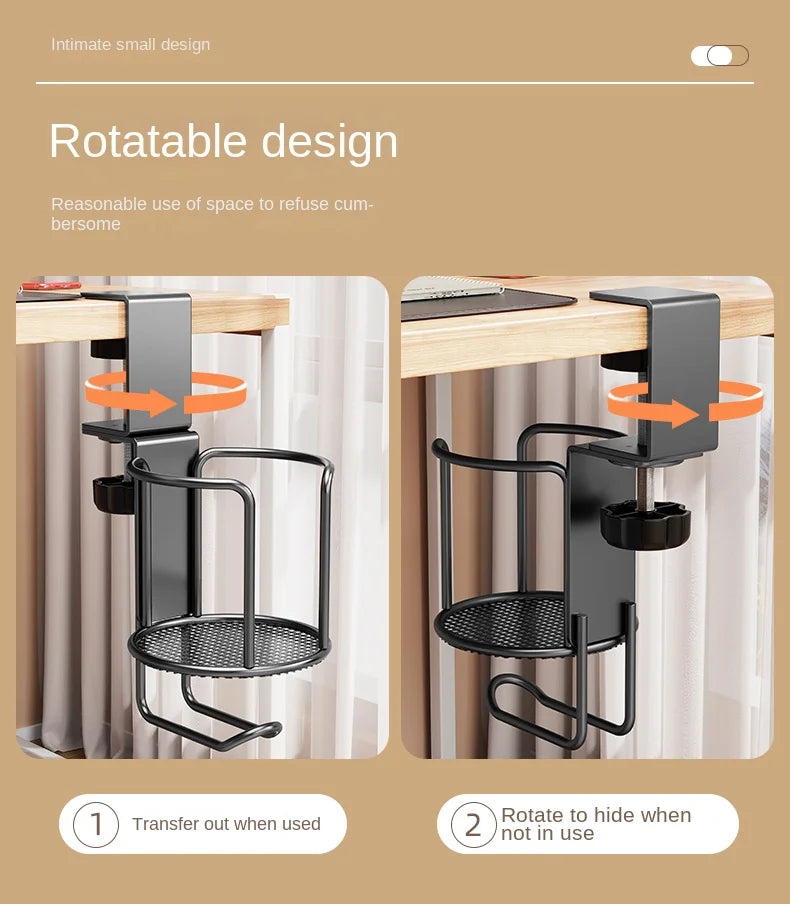 2 in 1 No Drill Desk Cup Holder Adjustable Upgraded Arm Clamp Stand 360 Degree Rotating Table Edge Clamp Anti-Fall Cup Holder