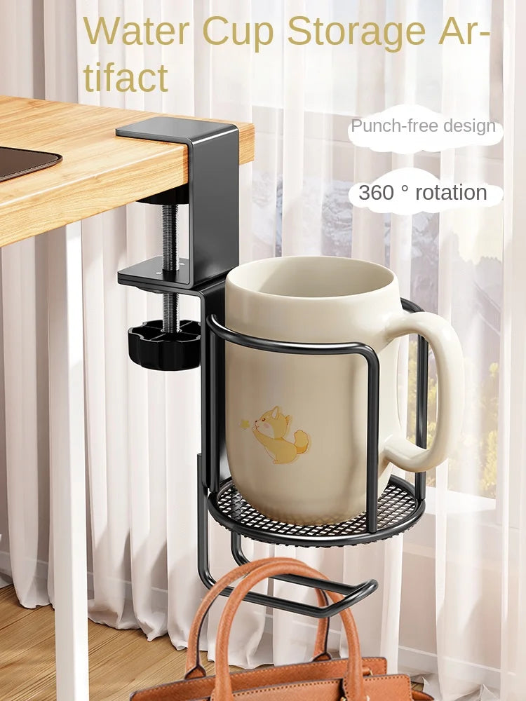 2 in 1 No Drill Desk Cup Holder Adjustable Upgraded Arm Clamp Stand 360 Degree Rotating Table Edge Clamp Anti-Fall Cup Holder