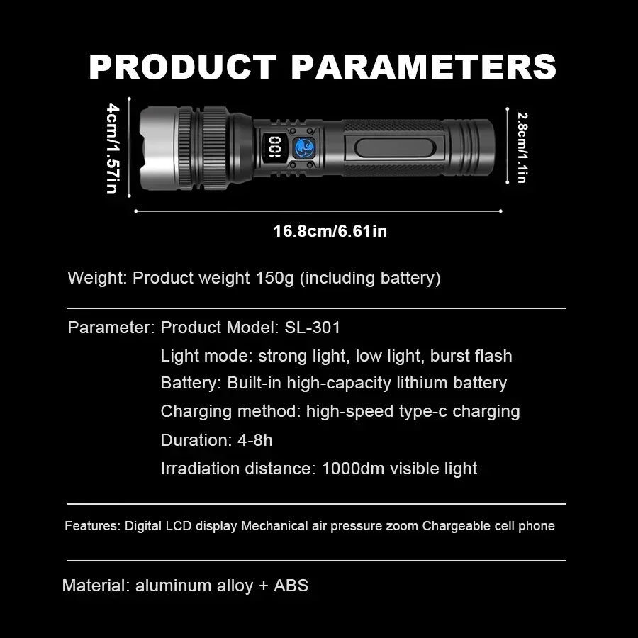 100000LM Super Bright Flashlight Rechargeable LED Torch Long Range Tactical Lamp for Outdoor Waterproof Camping Fishing Lantern