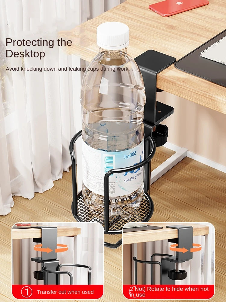 2 in 1 No Drill Desk Cup Holder Adjustable Upgraded Arm Clamp Stand 360 Degree Rotating Table Edge Clamp Anti-Fall Cup Holder