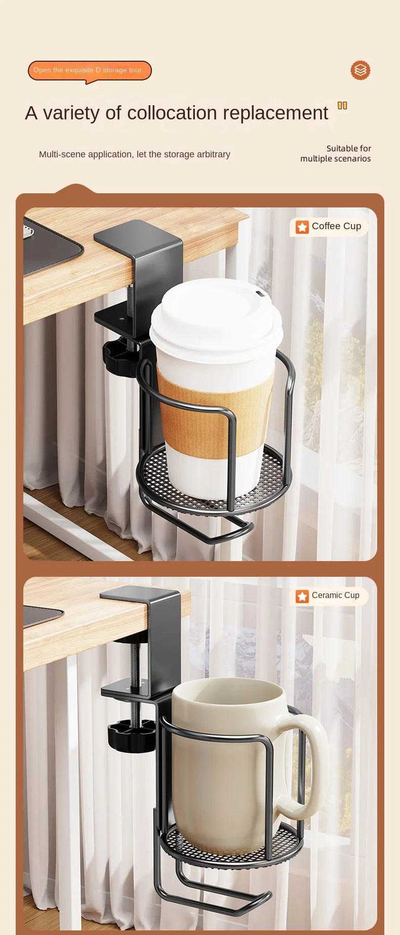 2 in 1 No Drill Desk Cup Holder Adjustable Upgraded Arm Clamp Stand 360 Degree Rotating Table Edge Clamp Anti-Fall Cup Holder