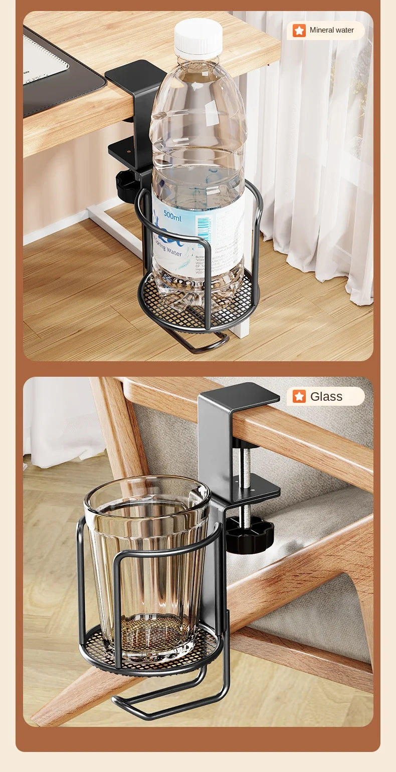 2 in 1 No Drill Desk Cup Holder Adjustable Upgraded Arm Clamp Stand 360 Degree Rotating Table Edge Clamp Anti-Fall Cup Holder